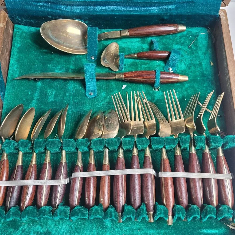 Vintage JAMES Bangkok Thailand 28 pcs Bronze Brass Silverware Utensil Set